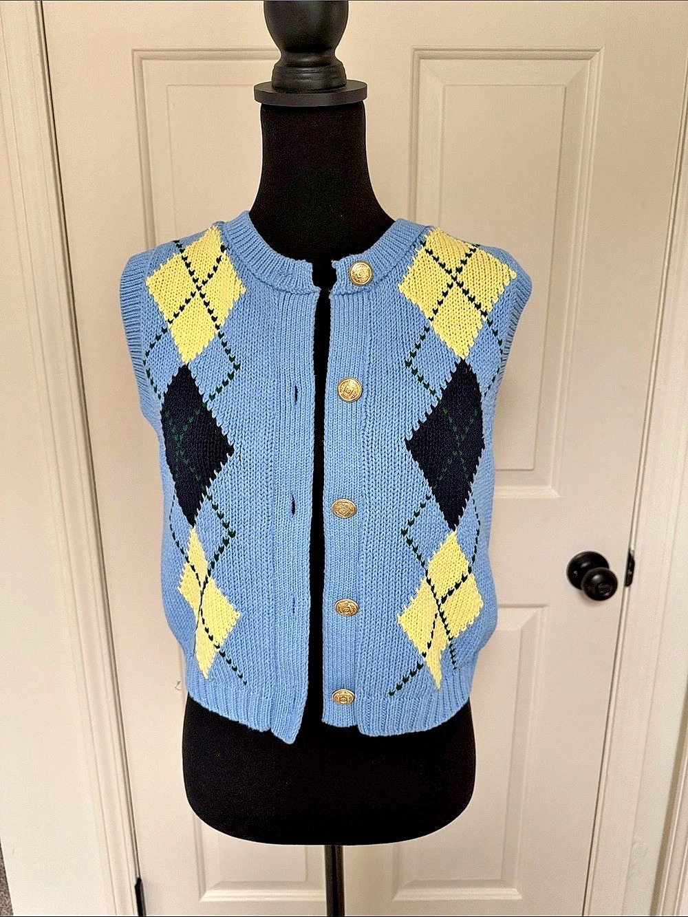 Zara Argyle Knit Vest Top Cardigan Blue & Yellow Small